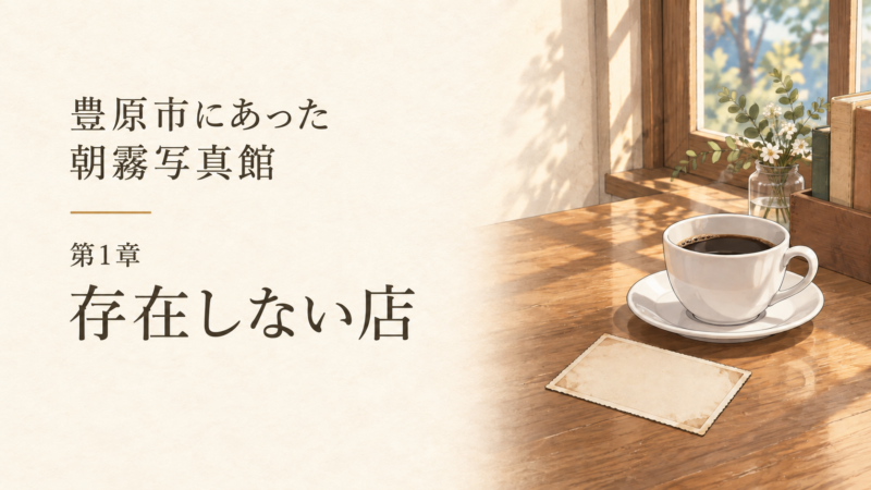 窓辺のコーヒーと裏向きの古写真を添えた『豊原市にあった朝霧写真館』第1章「存在しない店」のAI生成画像（創作画像）