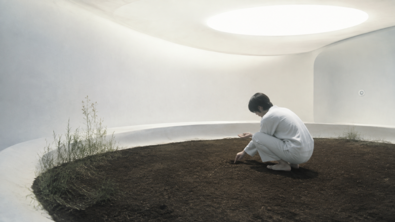 季節のない遠未来の庭で静かに種を植える人のAI生成画像（創作画像）