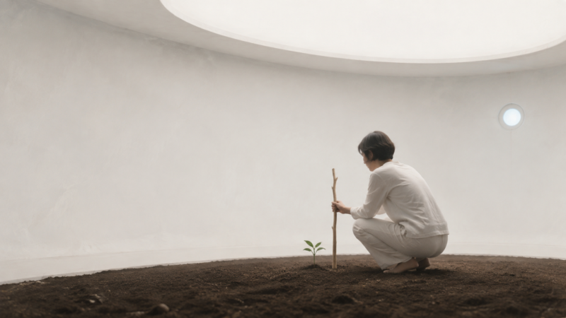 遠未来の庭で芽のそばに手削りの木片を立てる人のAI生成画像（創作画像）