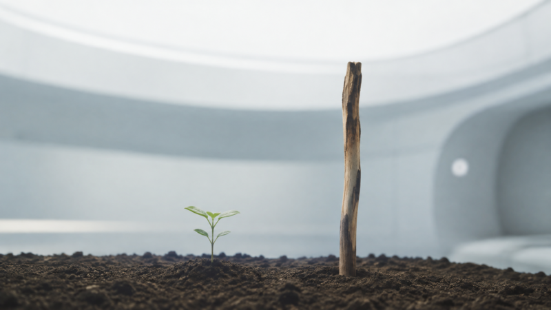 小さな芽のそばで役目を待つ手削りの細い木片のAI生成画像（創作画像）