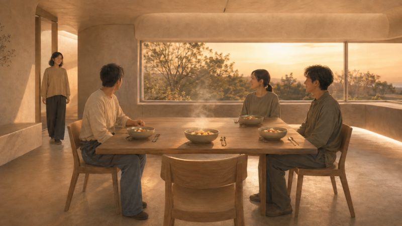 遠未来の食卓で四人目を待つ人々のAI生成画像（創作画像）