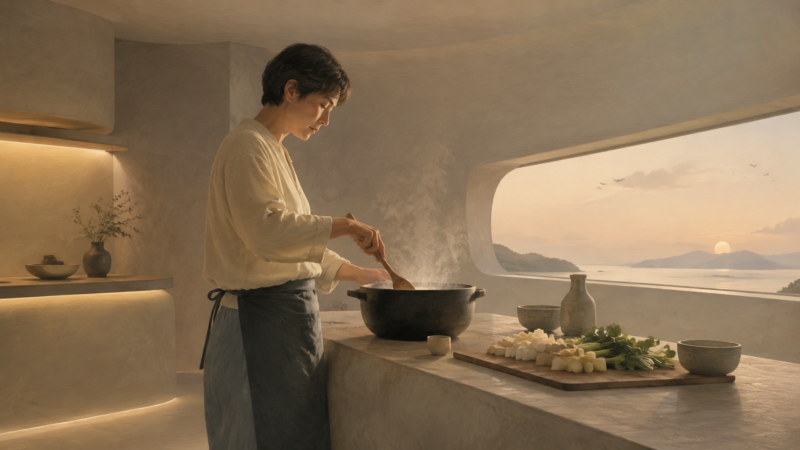 遠未来の厨房で煮込み料理を作る人のAI生成画像(創作画像)