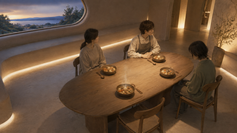 四人分の料理と一脚だけ空いた未来の食卓のAI生成画像(創作画像)