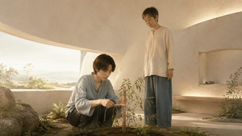 未来の栽培区画で植物の結び方を教わる若者のAI生成画像（創作画像）