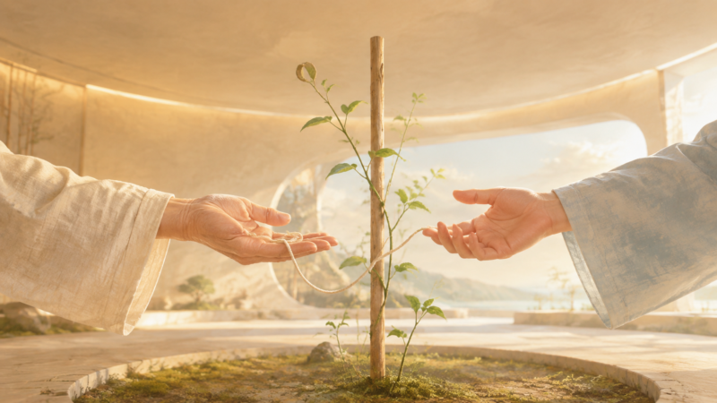 植物の前で一本の紐を手渡す二人の手のAI生成画像（創作画像）