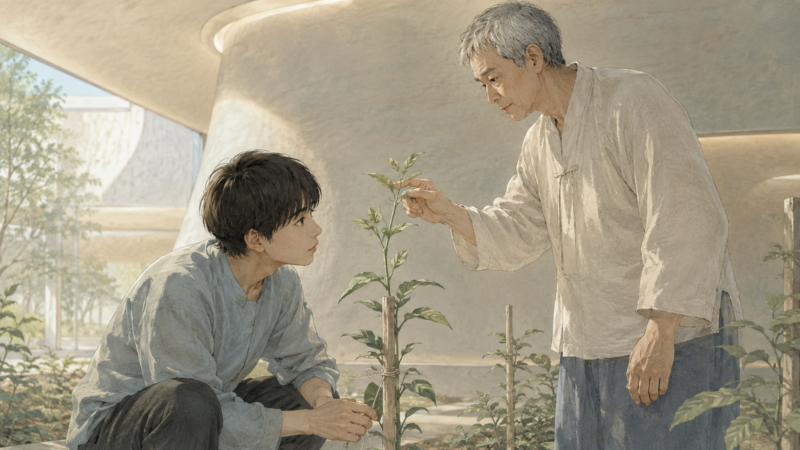強く結んだ紐と伸びる茎を見比べる若者のAI生成画像（創作画像）