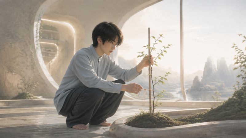 一人で植物を支える紐を調整する未来の若者のAI生成画像（創作画像）