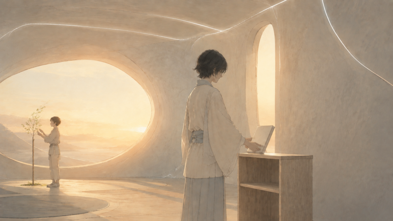 遠未来の共有棚へ静かに物語を置く人のAI生成画像（創作画像）