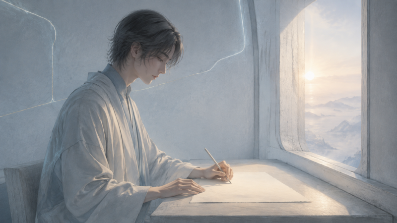 遠未来の静かな部屋で物語を書く人の手のAI生成画像（創作画像）