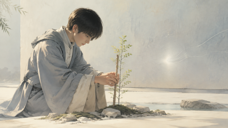 遠未来の庭で木の支えを直す若い居住者のAI生成画像（創作画像）