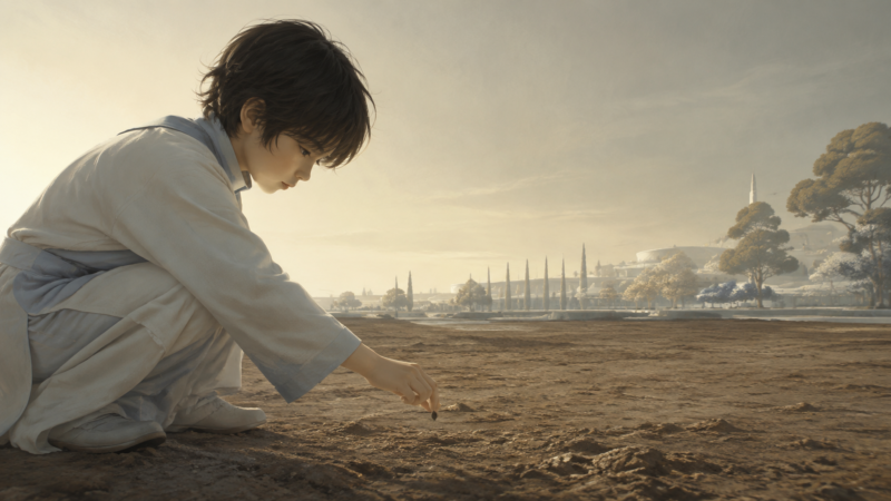 一粒の種を土へ置こうとする遠未来の子どものAI生成画像（創作画像）
