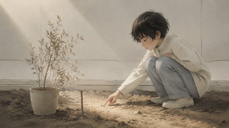 役目を終えた庭で一粒の種を見つける子どものAI生成画像（創作画像）