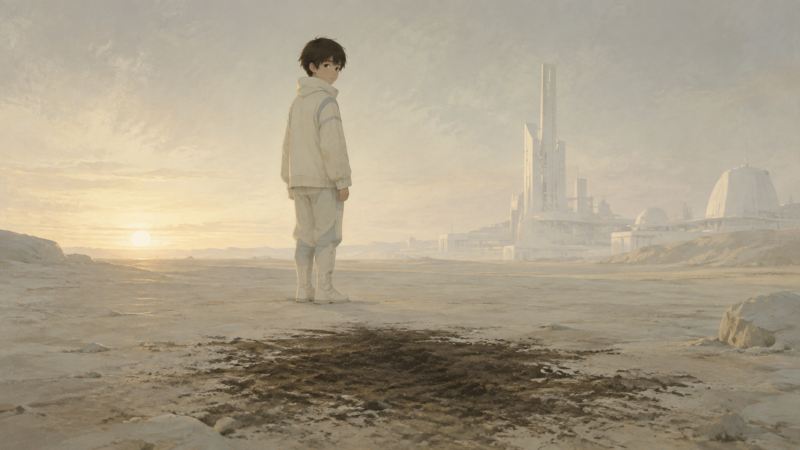 一粒を埋めた土を振り返る遠未来の子どものAI生成画像（創作画像）
